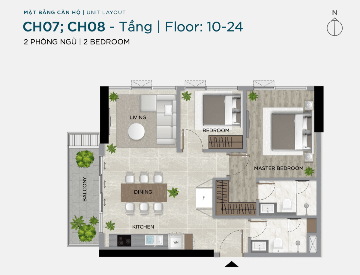 Mặt bằng thiết kế Căn hộ 2PN tại The Filmore Da Nang